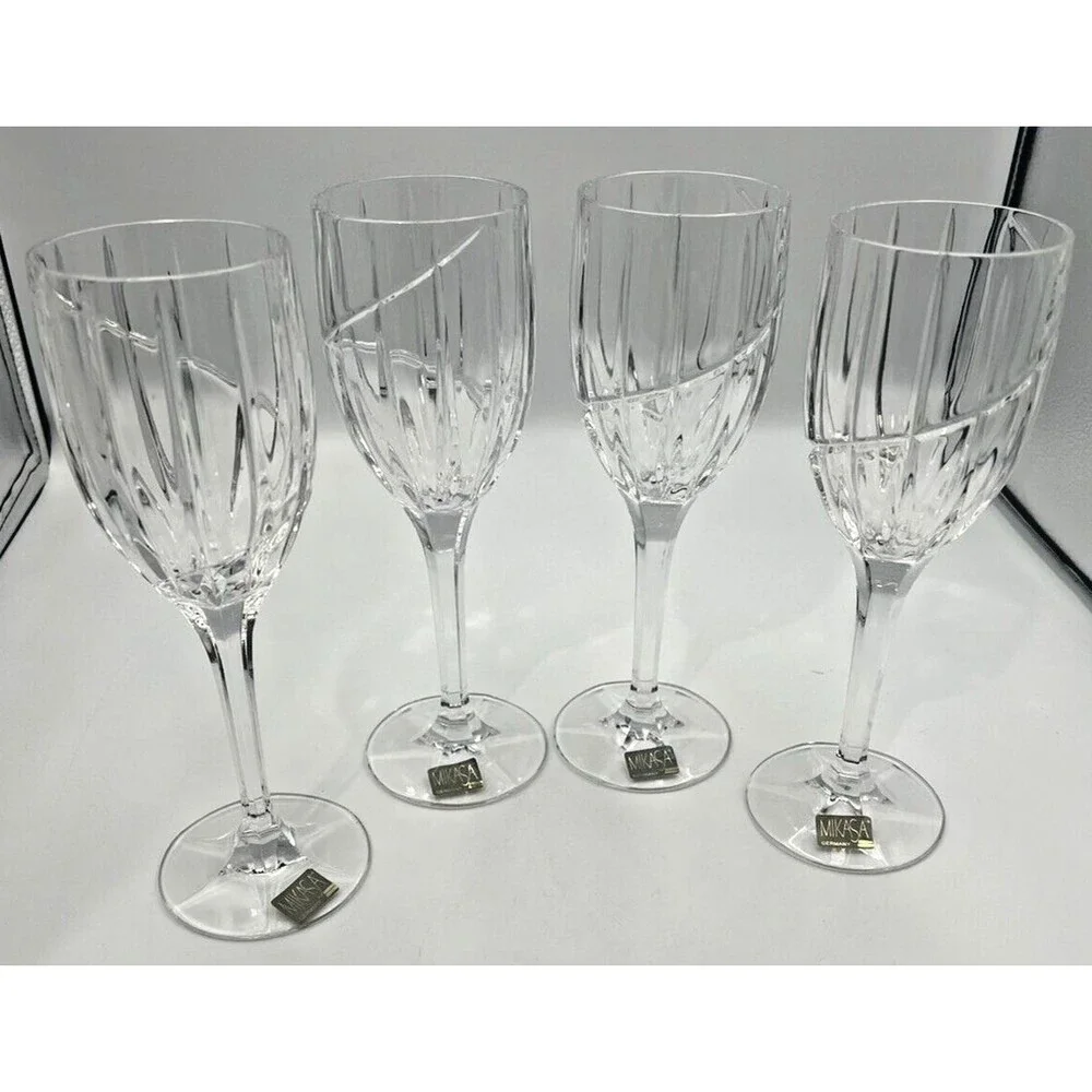 4 Vintage Mikasa Wine Goblets Uptown Crystal Glasses Vertical Cut Swirl Clear 9